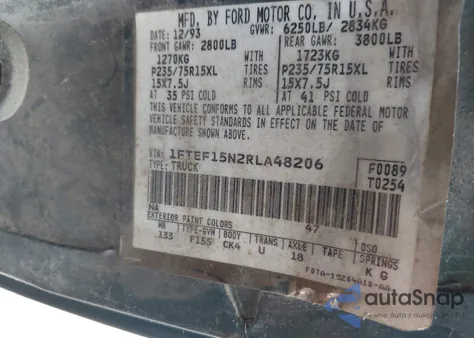 1994 Ford F150 z USA, uszkodzony, nr VIN 1FTEF15N2RLA48206